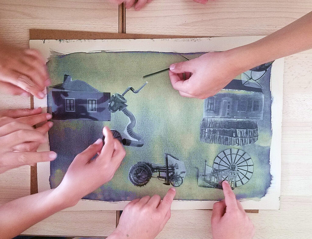 cyanotype et dessin, cabanes du futur, "Création en cours" Ateliers médicis