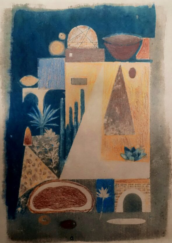 1- Ksour, Cyanotype, aquarelle et argiles sur papier, A4 (1)