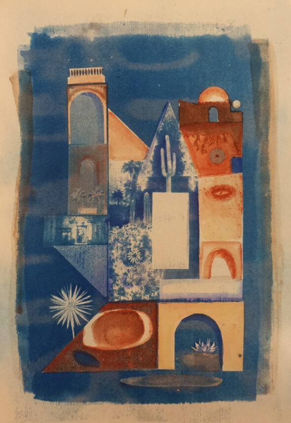 1- Ksour, Cyanotype, aquarelle et argiles sur papier, A4