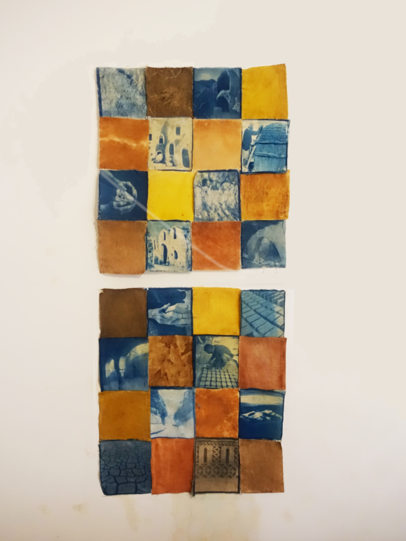 Dahar, terres pigmentaires et cyanotype sur tissu, 58×150